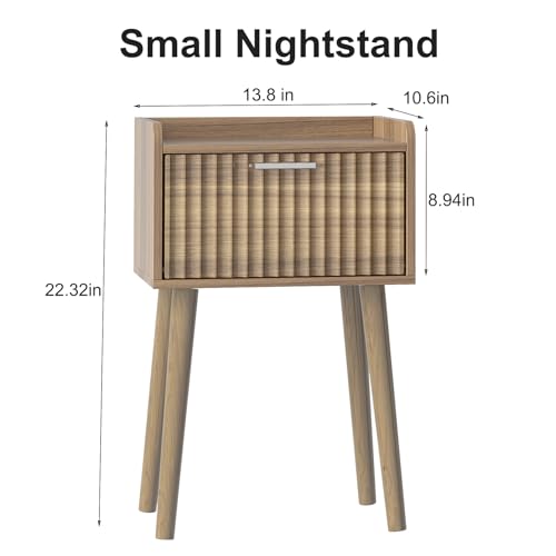 LAATOOREE Small Nightstand Set of 2, Side End Table with Fluted Door, Bedside Table with Solid Wood Legs, Mid-Century, for Bedroom, Small Beds - color: Rustic Walnut, style: Fluted Style