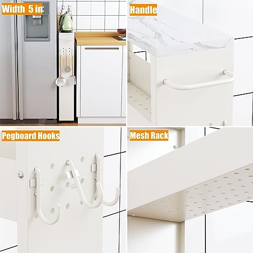 XYZLVSI Slim Storage Cart, 4 Tier Narrow Kitchen Rolling Cart with Wheels | 5.1" W narrow shelf for small spaces, 13" bottom metal utility cart with handle for bathroom/laundry, skinny storage cart - size: 5.1IN-White