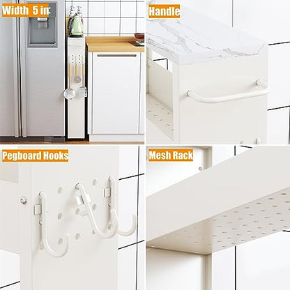XYZLVSI Slim Storage Cart, 4 Tier Narrow Kitchen Rolling Cart with Wheels | 5.1" W narrow shelf for small spaces, 13" bottom metal utility cart with handle for bathroom/laundry, skinny storage cart - size: 5.1IN-White
