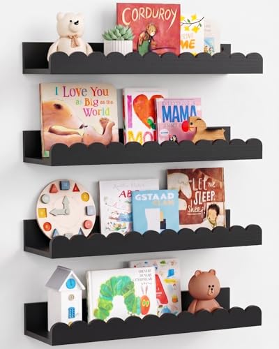 Harwaya Black Floating Nursery Wall Book Shelves Set of 4, Scalloped Shelves for Nursery, Cloud Hanging Bookshelf for Kids Bedroom Baby Child Toddler Room Kitchen Bathroom (Pine Wood) - color: Black