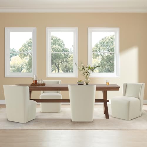 KISLOT Upholstered Dining Chairs Set of 4 with Casters, Wingback Modern Side Armless Deskchair with Rollers for Diningroom Bedroom Livingroom Reading Room, Cream Faux Leather - color: A Cream Faux Leather, size: Set of 4