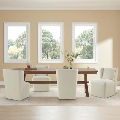KISLOT Upholstered Dining Chairs Set of 4 with Casters, Wingback Modern Side Armless Deskchair with Rollers for Diningroom Bedroom Livingroom Reading Room, Cream Faux Leather - color: A Cream Faux Leather, size: Set of 4