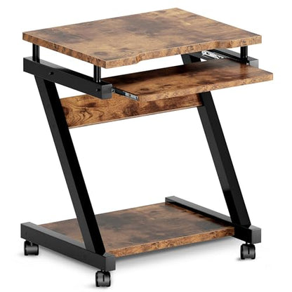 sogesfurniture Small Mobile Computer Desk with Keyboard Tray, Z-Shaped Compact Study Table, Rolling Workstation for Home and Office with Printer Shelf, Keyboard Drawers, Rustic Brown - color: Rustic Brown