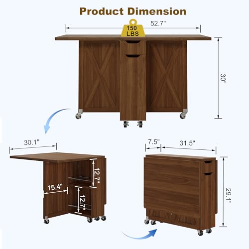 52.7" Folding Dining Table with 6 Wheels, Foldable Dining Table with Drawer, Shelves and Wine Racks, Drop Leaf Table for Small Spaces, Suitable for Kitchen, Dining Room, Apartment (Walnut) - color: Walnut