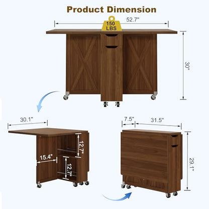 52.7" Folding Dining Table with 6 Wheels, Foldable Dining Table with Drawer, Shelves and Wine Racks, Drop Leaf Table for Small Spaces, Suitable for Kitchen, Dining Room, Apartment (Walnut) - color: Walnut