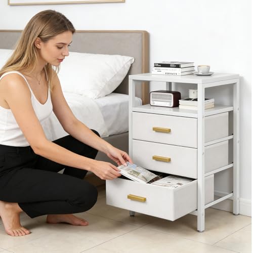 Nightstand 3 Drawers Side Table Modern Bedside End Table | White night stand with 3 fabric drawers, double layer shelf, metal frame, space saving end table for bedroom and living room - size: 3 Drawers, Single Piece