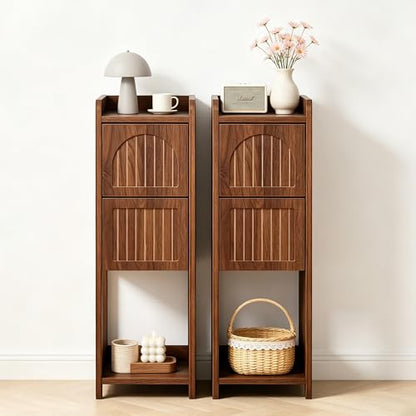 FurSch Fluted Narrow Nightstand & Skinny Bedside Table for Bedroom, Thin Night Stand Side End Table with 2 Drawers and Open Shelf for Small Spaces (Walnut-2 pcs) - color: Walnut-2 Pcs