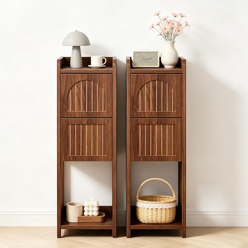 FurSch Fluted Narrow Nightstand & Skinny Bedside Table for Bedroom, Thin Night Stand Side End Table with 2 Drawers and Open Shelf for Small Spaces (Walnut-2 pcs) - color: Walnut-2 Pcs