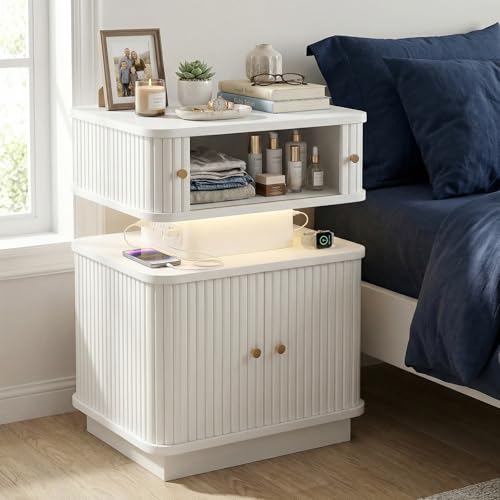 Night Stand, LED Nightstand, Modern Nightstand with Charging Station, Night Stand with 2 Drawers and Sliding Door, Curvy Edge, Small Bedside Table for Bedroom, White - color: White