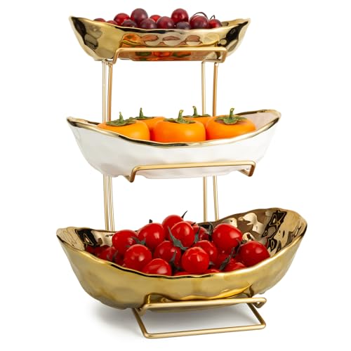 YYW 3 Tier Fruit Bowl for Kitchen Counter, White Gold Ceramic Fruit Stand for Countertop, Home Fruit Rack with Holder, Vegetable Bowl Snacks Nuts Bread Candy Storage (Gold) - color: Gold