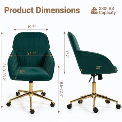 Velvet Make Up Vanity Chair with Wheels and Gold Base 330 Lbs - Green | Home office Chair, Study Chair, Teacher Chair, Cute Chair, Height Adjustable Swivel Desk Chair, for Living Room Study Room - color: Green