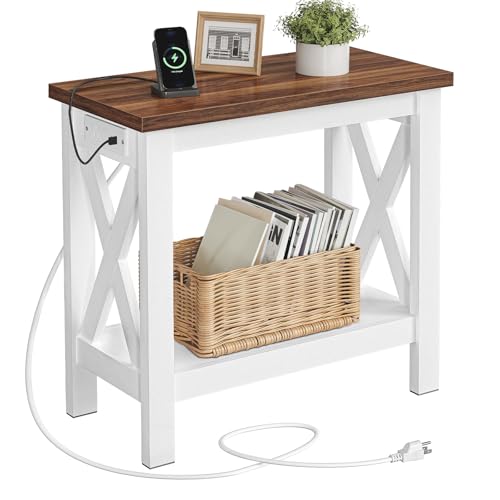 HOOBRO End Table with Charging Station, Farmhouse Narrow Side Table, 2-Tier with Storage Shelves, Slim Nightstand for Small Spaces, Living Room, Bedroom, White and Walnut WH360UBZ01
