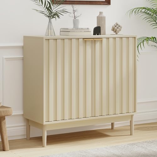 Otterease Fluted Sideboard with Storage, Buffet Cabinet Sideboard with Door, Kitchen Buffet Storage Accent Cabinets with Adjustable Shelves for Living Room, Entry, Hallway, Beige - color: Beige, size: 14.2"D x 31.5"W x 31.9"H