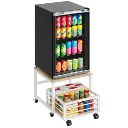 HOOBRO End Table, Mini Fridge Stand with Storage, Mini Fridge Table with Wheels and Adjustable Feet, Sturdy Metal Frame, for Living Room, Bedroom, Office, White and Natural WN155TL01 - color: White + Natural