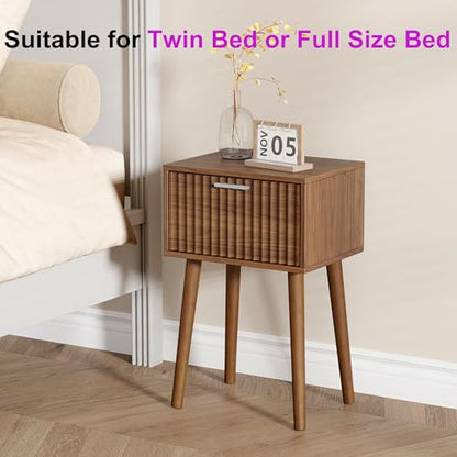 LAATOOREE Nightstands Set of 2, Small Fluted Side Table, Bedside Table with Solid Wood Feet; Modern Mid-Century End Table for Bedroom, Small Space - color: Rustic Brown, style: Fluted Style