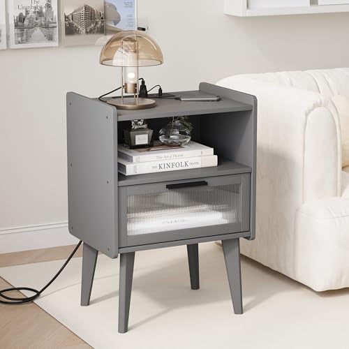 MMEOLUOOK Nightstand with Charging Station, Bedside Tables Grey End Table Side Table with 2 Tiers Storage Space, for Bedroom Living Room CAMLBZ07ZE - color: Grey