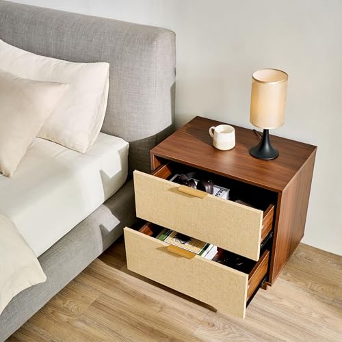 Saint Mossi Rattan Nightstands Set of 2 - Boho Bed Side Tables with 2 Storage Drawers, Mid Century Modern Sofa End Tables for Living Room, Walnut Finish with Golden Handle, W23xD15xH21 - size: 2 Set 2 Drawer