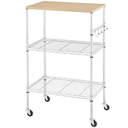 BolDuck 450Lbs Capacity Microwave Cart with Wheels, 3 Tier Rolling Cart with Adjustable Shelves, Multifunctional Metal Utility Storage Kitchen Carts on Wheels, 23.6" L*15.7" W*37" H, Wood+Chrome - size: 23.6"L*15.7"W*37"H with Adjustable Shelves