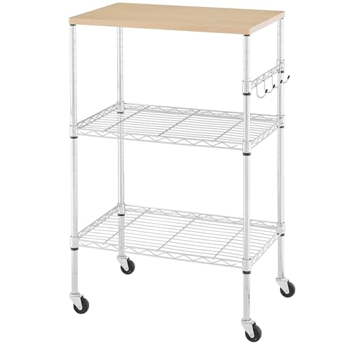 BolDuck 450Lbs Capacity Microwave Cart with Wheels, 3 Tier Rolling Cart with Adjustable Shelves, Multifunctional Metal Utility Storage Kitchen Carts on Wheels, 23.6" L*15.7" W*37" H, Wood+Chrome - size: 23.6"L*15.7"W*37"H with Adjustable Shelves