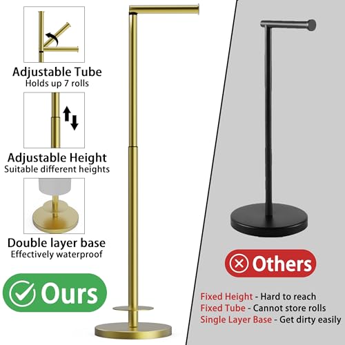 Toilet Paper Holder Stand 1 pc, Height Adjustable, Reserve Tissue for 6 Spare Rolls, Bathroom Storage, Rustproof with SUS304 Stainless Steel (Gold) - color: Gold