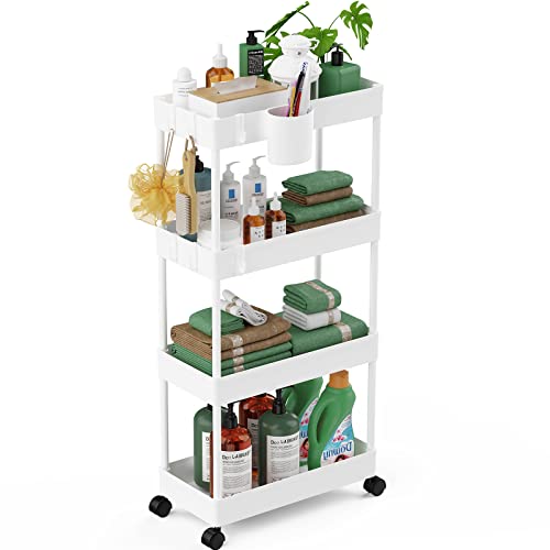 LEHOM Slim Rolling Storage Cart - 4 Tiers Bathroom Organizer Utility Cart Slide Out Storage Shelves Mobile Shelving Unit for Kitchen, Bedroom, Office, Laundry Room, Small Narrow Spaces (7.1" W+White) - color: Pear White, size: 7.1"W x 15"D x 36"H