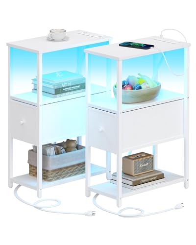 TUTOTAK Small Narrow LED End Table with Charging Station, Side Table Outlets, Nightstand with Cloth Drawer, Set of 2, Couch Table, for Living Room, Bedroom, Bedside, White TB01BW059 - color: White, style: 1 Drawer with Plug & Light