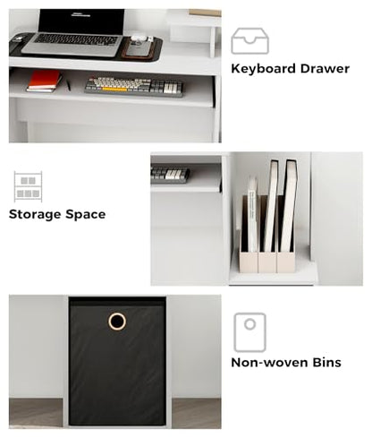 White Computer Desk with Drawers, Small Writing Desk with Storage Shelves for Home Office Bedroom Study Living Room - color: White/Black