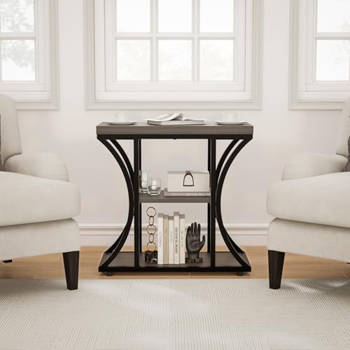 3-Tier End Table, Grey Nightstand with Storage Shelves, Narrow Side Table for Living Room, Bedroom, Small Spaces – Wood and Metal Accent Table (1, Grey) - color: Grey