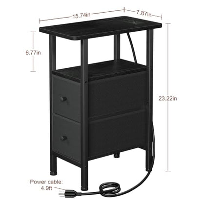 LOAKEKEL Narrow End Table with Charging Station, Side Tables Living Room | End Tables Living Room Set of 2, Skinny Nightstand with Fabric Drawers for Bedroom, Small Spaces, Black - color: Black, style: Power