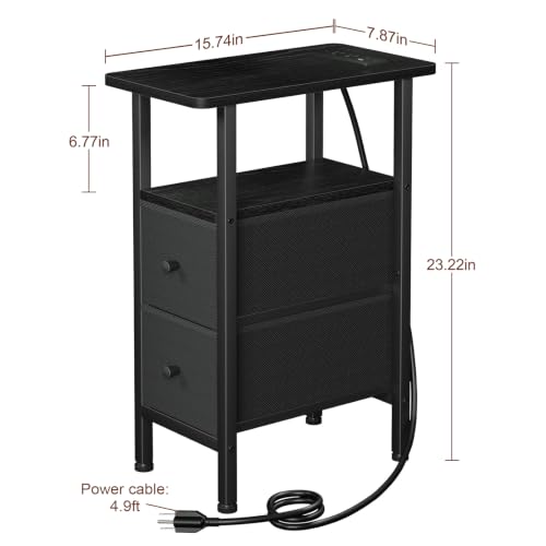 LOAKEKEL Narrow Nightstand with Charging Station, End Tables Living Room | Set of 2, Skinny Side Table with 2 Fabric Drawers, Small Sofa Table with LED Light for Bedroom, Black - color: Black, style: Power + Light