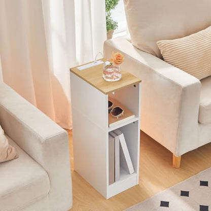 MAHANCRIS Narrow Nightstand, Narrow End Table with Charging Station, Skinny Bedside Table for Small Spaces, Mid Century Modern Night Stand for Bedroom, Living Roon, Natural and White ETNW30E01 - color: Natural and White