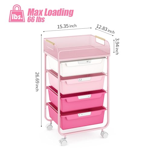 SYKIARIOL 4-Drawer Rolling Storage Cart with Mesh Top, Utility Craft Organizer Cart on Wheels with DIY Labels, Rolling Drawer Cart for Home Office Classroom Bedroom, Rose Pink - color: Pink