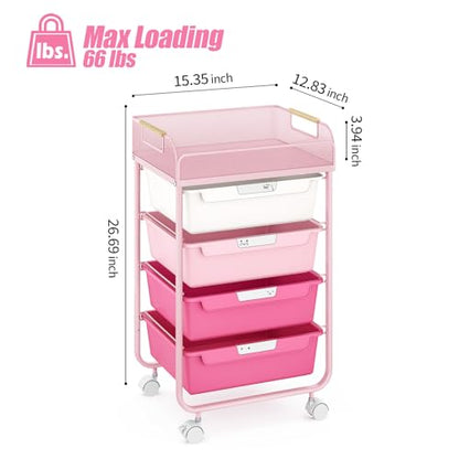 SYKIARIOL 4-Drawer Rolling Storage Cart with Mesh Top, Utility Craft Organizer Cart on Wheels with DIY Labels, Rolling Drawer Cart for Home Office Classroom Bedroom, Rose Pink - color: Pink