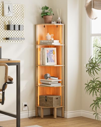 Corner Shelf Stand, 5 Tier Corner Bookshelf with Light,Corner Furniture for Bedroom Display Corner Shelf for Small Space,Wood Shelves with Storage Rack for Living Room,Office,Oak - color: Oak