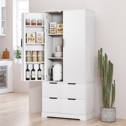72" Tall Freestanding Wood Fluted Pantry Organizers Storage Cabinet with 2 Drawers, Door Racks, Modern Minimalist Cabinet with Adjustable Shelves for Kitchen, Living Room, Bathroom(White)