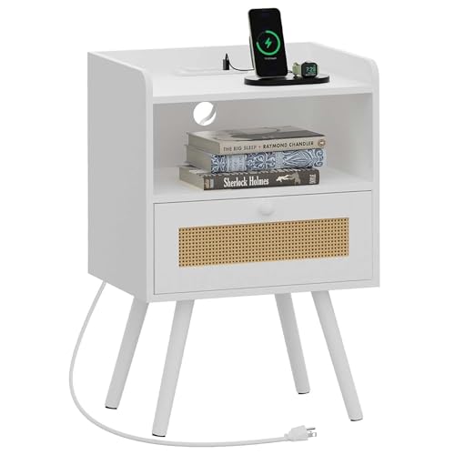 SUPERJARE Nightstand with Charging Station & Rattan-Like Decor Drawer, Rattan End Table with Solid Wood Feet, Bed Side Table with Open Storage, for Bedroom, Living Room, Dormitory - White - color: White, size: 11.8"D x 15.9"W x 23.4"H (1 Drawers)