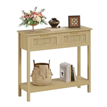 Trironsun Farmhouse Rattan Console Table with 2 Drawers 2 Tier Boho Narrow Long Sofa Table Natural with Open Storage Shelf Wood Entryway Table for Living Room Hallway Foyer (Nature, 39.4 Inch) - color: Nature