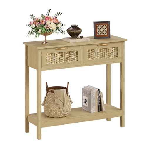 Trironsun Farmhouse Rattan Console Table with 2 Drawers 2 Tier Boho Narrow Long Sofa Table Natural with Open Storage Shelf Wood Entryway Table for Living Room Hallway Foyer (Nature, 39.4 Inch) - color: Nature
