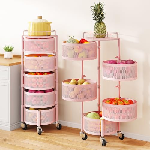 SAYZH Fruit Vegetable Basket for Kitchen, Rotating Storage Rack, 5 Tier Rolling Cart with top lid, Large Metal Wire Wheels, Pink - color: Pink