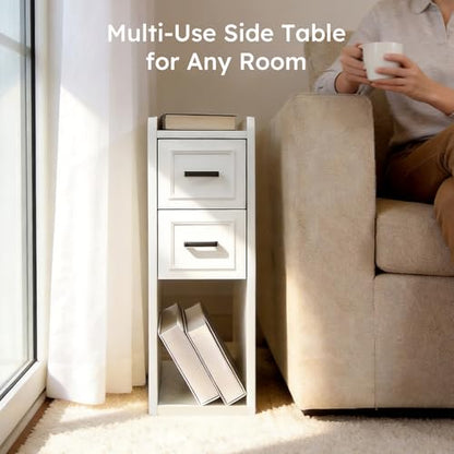 Narrow Nightstand Set of 2, Modern White Bedside Table with Drawers & Open Shelf, Modern End Table for Bedroom Small Spaces, Apartments, Renters - color: Narrow White
