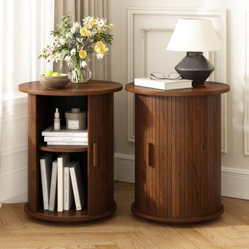 Wnutrees Round Fluted End Table, Small Accent Pedestal Side Table, Brown | Wood Nightstand with Sliding Door & 2 Tier Shelf, Bedside Unit for Living Room, Bedroom - color: Brown