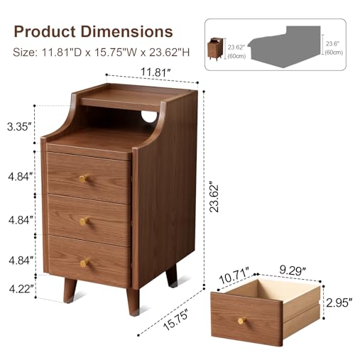 Solid Wood Narrow Nightstand with Drawers,Walnut Nightstand Wood Bedside Table Modern for Bedroom,Study,Toilet - color: Walnut, size: 15.75"D x 11.81"W x 23.62"H(3 Drawers)