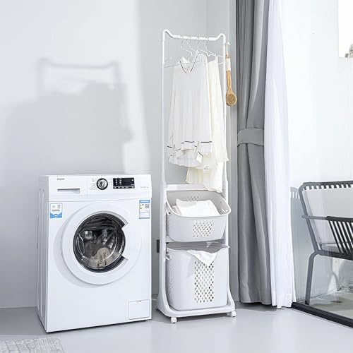 2-Tier Laundry Hamper Sorter with Hanging Bar, Rolling Laundry Baskets with Wheels Removable, Stackable Laundry Cart Organizer and Storage for Small Space Dorm Closet Bathroom - style: 2-Tier