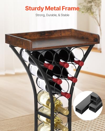 VEVOR 15 Bottle Wine Rack,Iron Freestanding Floor Wine Holder, Mini Bar Stand Liquor Cabinet with Wood Tabletop, for Home Bar,Kitchen,Living Room,Dining Room,16.9''L X 11.4''W X 35.2''H - size: 15 Bottles