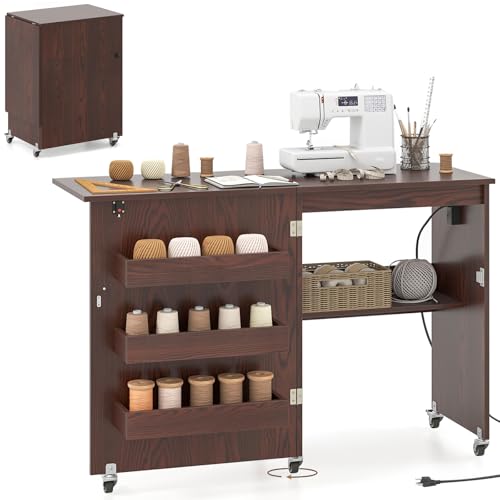 DREAMADE Folding Sewing Table with Storage, Craft Table w/Charging Station, 5 Lockable Wheels, Storage Bins & Shelf, Sewing Machine Desk for Home Office, Apartment, Studio (Brown) - color: Brown