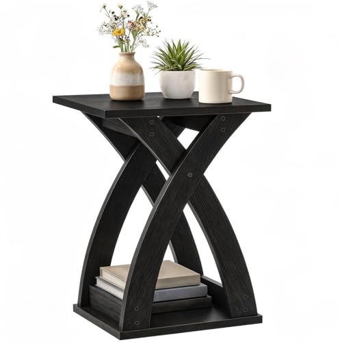 HOOBRO End Table Living Room, Narrow Side Table for Small Spaces, Black 3 Tier End Table with Storage Shelf, X-Design Slim Nightstand Bedside Table, Living Room, Bedroom, Black BK356BZ01N1