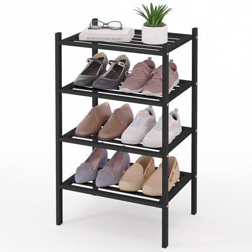 Smiry Small Bamboo Shoe Rack, 4 Tier Free Standing Wooden Shoe Organizer, Stackable Wood Shoe Storage Shelf for Closet, Entryway, 5 Horizontal Slats, 17.3"x11"x26", Black - color: Black, size: 4 Tier - 17.3" Wide