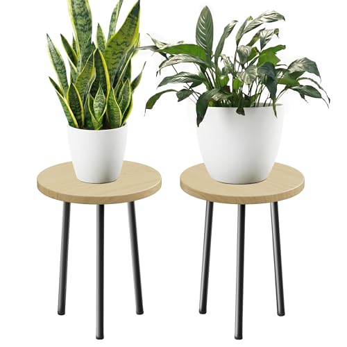 Plant Stand Indoor 2 Pack: Plant Table 14'' Wooden & Metel Plants Stool | Mid Century Modern Design for Bedroom/Living Room/Patio/Garden - color: Burlywood, size: 14"&14"