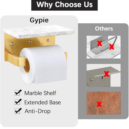 Gypie Toilet Paper Holder with Marble Shelf, Gold Wall Mounted | Toilet Roll Holder for Bathroom Washroom, Extended Base - color: Gold, size: Marble