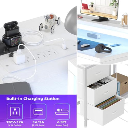 Patikuin L Shaped Desk with Power Outlets & LED Lights, Computer Desk with Drawers & Shelves, Corner Desk Gaming Desk Home Office Desk, White - color: White